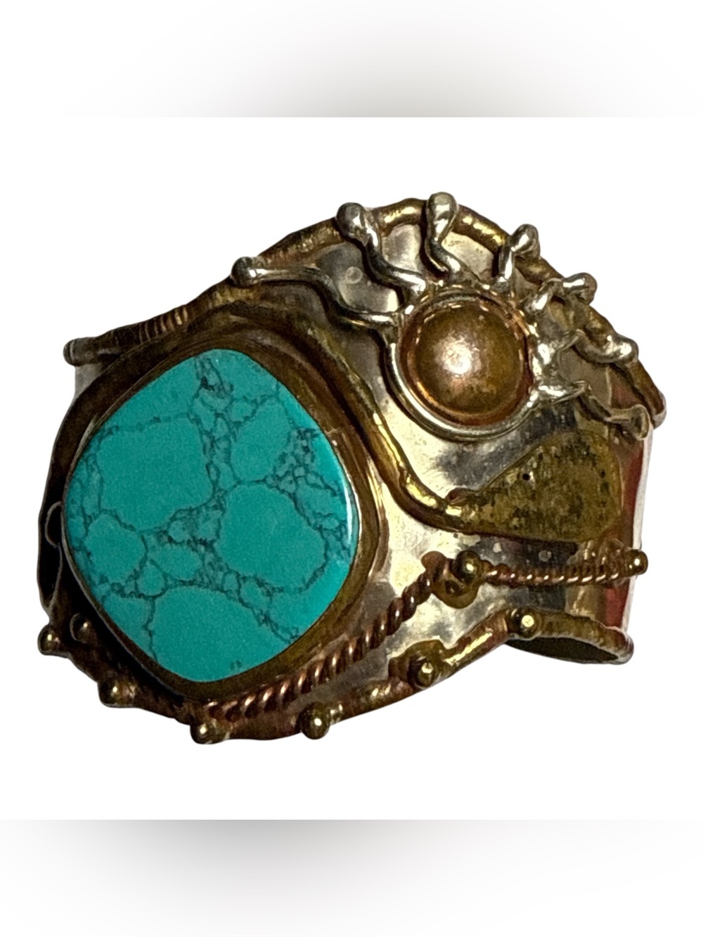 Unsigned Artisan Mixed Metal Turquoise Color Statement Cuff Bracelet